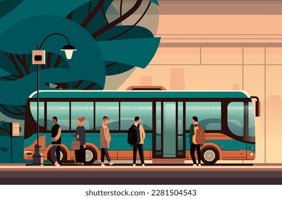 gente en la estación de autobuses de transporte público concepto cómodo movimiento horizontal paisaje urbano