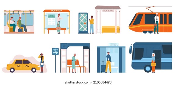 People in public transport, bus and subway, public transport passengers. City passenger characters vector illustration set. Urban public scenes in subway and bus