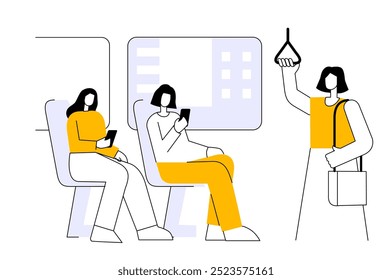 Personas en el concepto de transporte público. Mujer que viaja en metro, autobús o tren. Los pasajeros van a la ciudad, al trabajo o al supermercado. Ilustración vectorial plana de línea