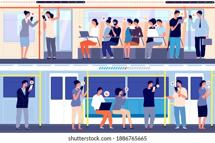 People in public transport. Crowd in train, person using gadgets in subway bus. City transportation, no utter social distance vector concept