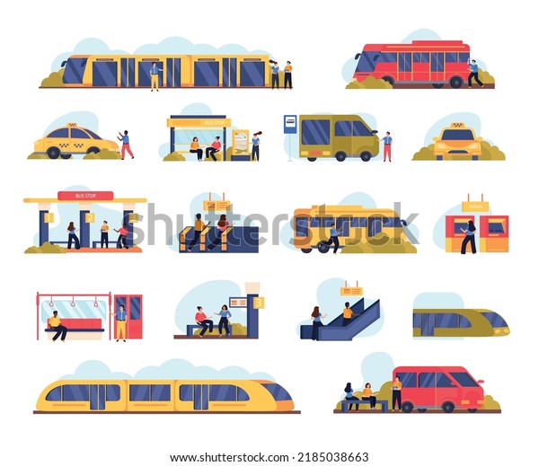 People in public transport flat set with\
characters waiting for bus going up escalator buying tickets\
isolated vector\
illustration