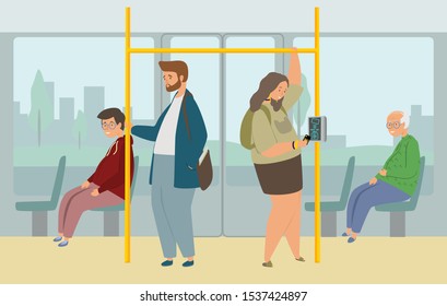 People in public transport flat vector illustration. Passengers in the subway, bus, trolley, train. Concept of modern city public transport with card validator. Guy, man, girls and old man inside tran