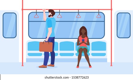 People in public transport flat vector illustration. Subway train, bus passengers cartoon characters. Man with briefcase holding handrails. Young woman with smartphone. City travel means concept.