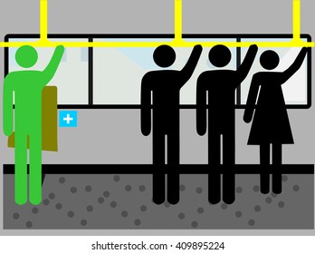 People in public transport with a man which is not like them 