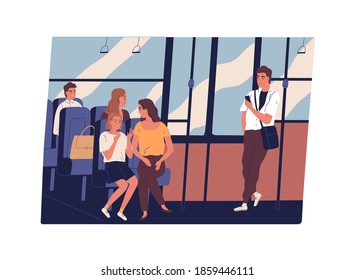 Personas en el transporte público. Hombres y mujeres charlando, escuchando música en audífonos, mirando por la ventana y navegando por internet con smartphone dentro del bus urbano. Vida diaria. Ilustración vectorial plana.