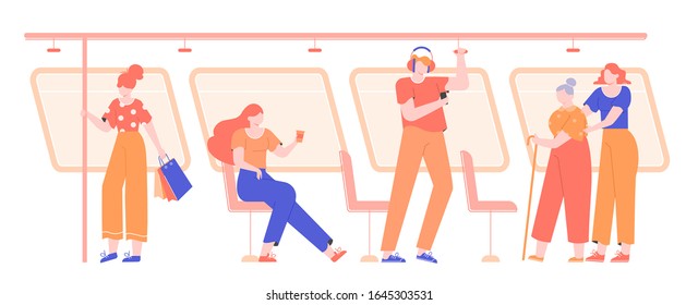 People in public transport. Metro, bus, tram. Vector flat passengers characters go to work, study. A girl with shopping bags, coffee cup, a guy in headphones, a girl helps granny sit down.