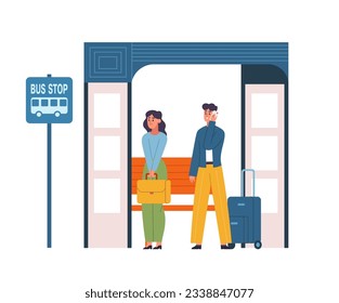 People in public transport, public transport passengers. Vector of passenger public stop for transportation in city, bus urban illustration