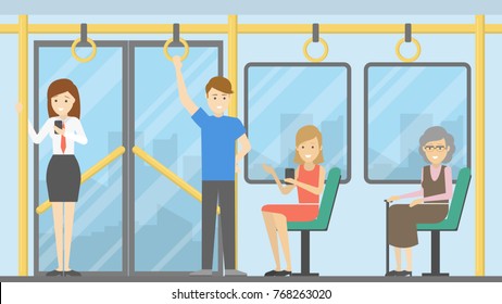 People in public transport. Standing and sitting passengers.