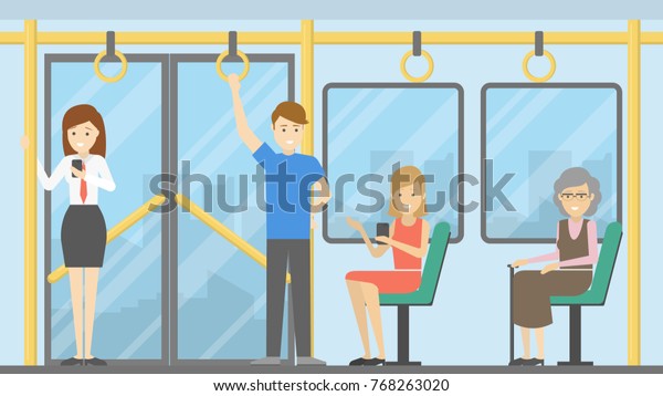 People in public transport. Standing and
sitting passengers.