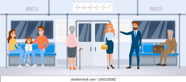 People in public transport. Subway passenger. Woman on a seat. Underground transportation. Isolated flat vector illustration