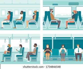 People in public transport wearing protective masks. Safe travel concept for  coronavirus COVID-19 pandemic quarantine. Flat vector illustration 