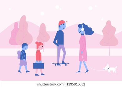 People at public walk scene illustration.