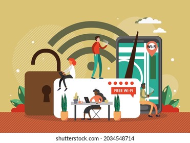 People In Public Wifi Zone, Flat Vector Illustration. Wireless Internet Connection, Free Wifi Hotspot.