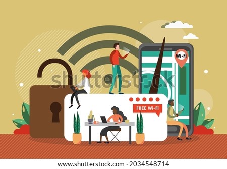People in public wifi zone, flat vector illustration. Wireless internet connection, free wifi hotspot.