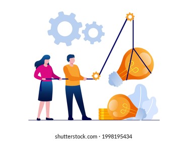 People pull idea. Team of office workers and businessmen pulling the rope with light bulb, project startup. Cartoon characters with rope, presentation creative innovate ideas. Vector illustration 
