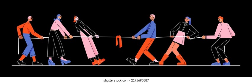 People pull rope in tug of war competition. Concept business teamwork, cooperation, solution conflicts. Vector flat illustration of two teams play pulling rope game isolated on black background