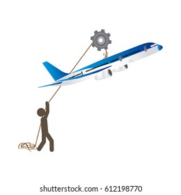 people with pulleys hanging the airplane, vector illustration design