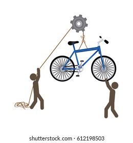 people with pulleys hanging the bicycle, vector illustration design