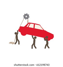people with pulleys hanging the car, vector illustration design