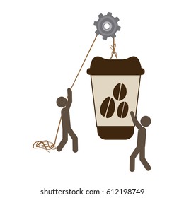 people with pulleys hanging the coffee disposable bottle, vector illustration design
