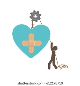 people with pulleys hanging the heart with aid band, vector illustration