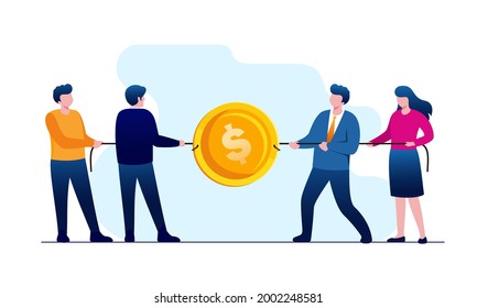 People pulling a coin. Competitive business concept flat vector illustration template