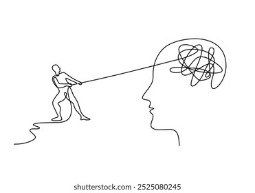 Pessoas puxando cabeças contínuas um desenho de linha. Saúde mental conceito de psicologia. Plano de fundo minimalista de ilustração vetorial.