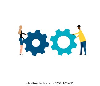 People pulling huge cogwheels towards each other. Vector illustration. Eps 10.