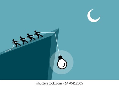 People pulling an idea up from falling down the cliff by using rope. Vector artwork depicts the concept of teamwork, team cooperation, combining effort, collaboration, and working together.