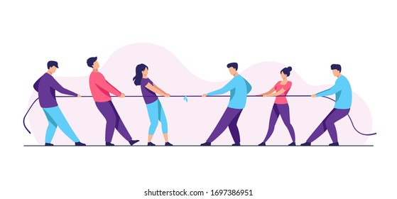 People pulling opposite ends of rope flat vector illustration. Tug of war contest between office workers. Competition challenge and confrontation concept