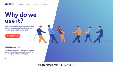 People pulling opposite ends of rope flat vector illustration. Tug of war contest between office workers. Competition challenge and confrontation concept