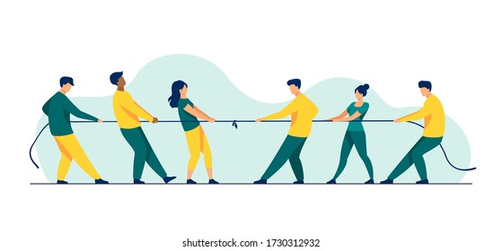 People pulling opposite ends of rope flat vector illustration. Tug of war contest between office workers. Competition challenge and confrontation concept