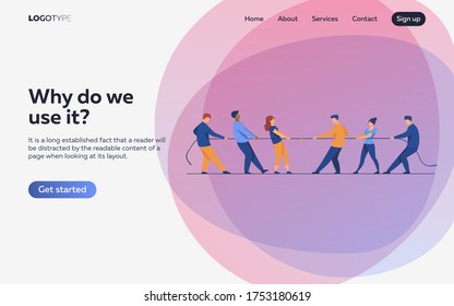 People pulling opposite ends of rope flat vector illustration. Tug of war contest between office workers. Competition challenge and confrontation concept