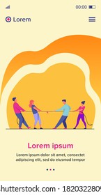 Gente tirando de lados opuestos de la ilustración vectorial plana de cuerda. Concurso de tira y afloja entre oficinistas. Desafío de la competencia y concepto de enfrentamiento