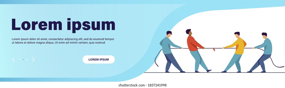 People pulling opposite ends of rope flat vector illustration. Tug of war contest between office workers. Competition challenge and confrontation concept