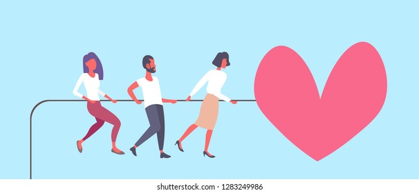 people pulling rope big pink heart shape happy valentines day holiday celebrating concept successful teamwork strategy flat horizontal vector illustration