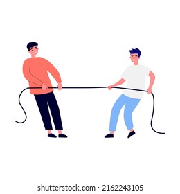 People pulling rope flat vector illustration. Office contest for two teams resisting each other in struggle. Competition