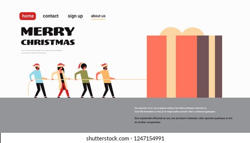 people pulling rope gift box present merry christmas happy new year holiday concept teamwork strategy flat horizontal copy space isolated