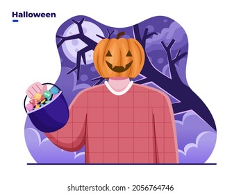 People with pumpkin head or jack o lantern costume celebrate Halloween day with bringing candy basket. Can be used for greeting card, poster, banner, invitation, web, postcard, poster, social media.
