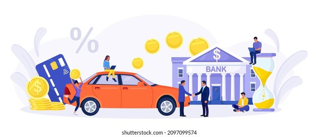 People purchase car with bank loan. Happy client buying new automobile on motor credit. Car leasing. Auto credit, car loan, auto finance, banking products. Vector illustration