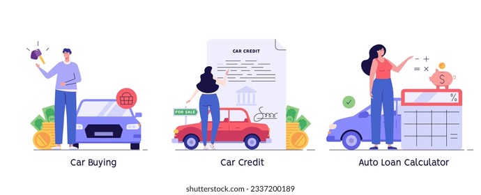 People purchase car on credit. Happy client buying new or use automobile. Car credit. Collection of auto loan calculator, car buying. Vector illustration set in flat design for web banners, UI