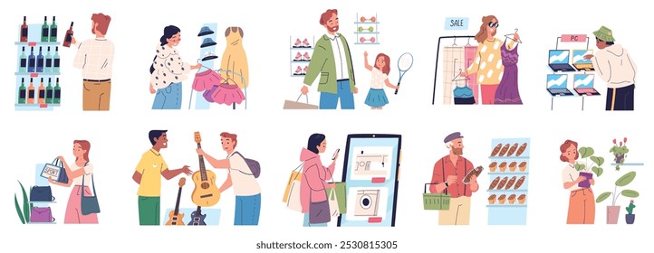 Las Personas compran bienes. Los consumidores que eligen comprar el producto, el comprador que disfruta de la compra que lleva el bolso de compras eligen la comida o la ropa, los consumidores de la tienda del supermercado con clase Ilustración vectorial obra de arte original