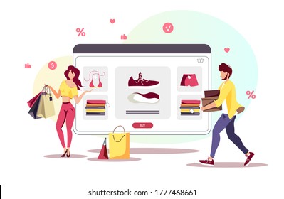 People With Purchases And Device Screen. Clothing Store, Online Shopping,  Mobile Marketing, E-commerce Concept. Vector Illustration For Poster, Banner, Commercial.