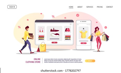 People with purchases and devices. Clothing store, Online Shopping,  Mobile marketing, E-commerce concept. Vector illustration for poster, banner, website, commercial.