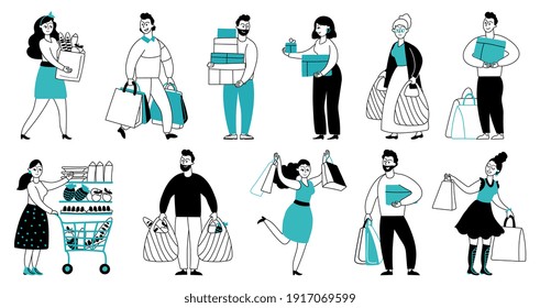 People with purchases. Shop sales, purchase for girl man or woman. Line crazy shopping characters, decent smiling persons with bags vector set