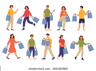 People with purchases. Shopping bag, shop guy and female buying on crazy sale. Isolated shopper character, happy person in retail vector set