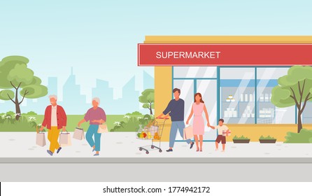 People with purchases from supermarket illustration. Reckless family characters leaves store loaded with bags of food and things happy trip together for updates supplies. Vector cartoon concept.