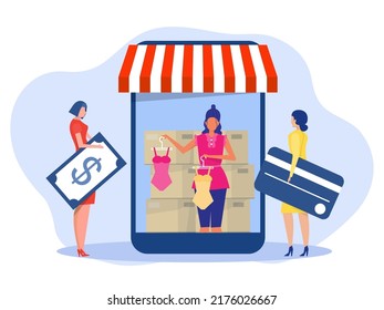 Gente comprando ropa en tienda online, comprando en línea personas usando aplicaciones móviles para comprar ropa en tienda online, venta, vector de concepto de ecommerce