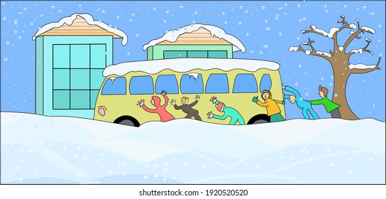 People push the bus stuck in the snow. Very snowy winter. Color illustration 