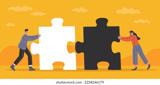 People push puzzle. Man and woman pushing figures towards each other. Connection and communication challenge. Persons joining jigsaw pieces. Partnership and understanding